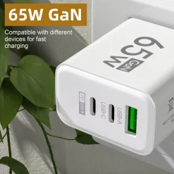 Hot Henruisi USB-C/USB-A GaN 65W 3-Port Fast Charging Wall Charger (White) Misc. Computer Accessories
