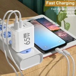 Hot Henruisi USB-C/USB-A GaN 65W 3-Port Fast Charging Wall Charger (White) Misc. Computer Accessories